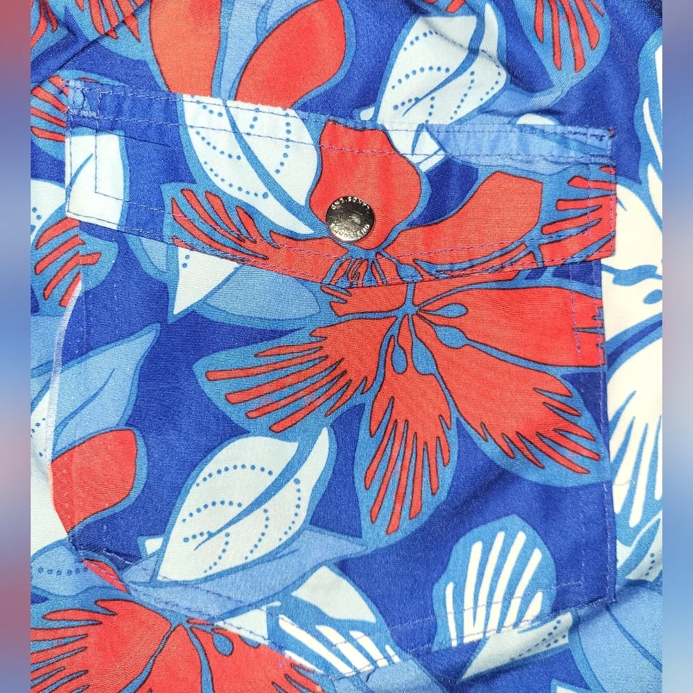 Lands End‎ Swim Shorts Size Medium Floral Tropical Red Blue Patriotic 4th